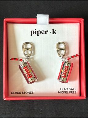 Piper K Miniature Silver & Red Diet Soda Can w/ Straw Dangle Earrings New In Box